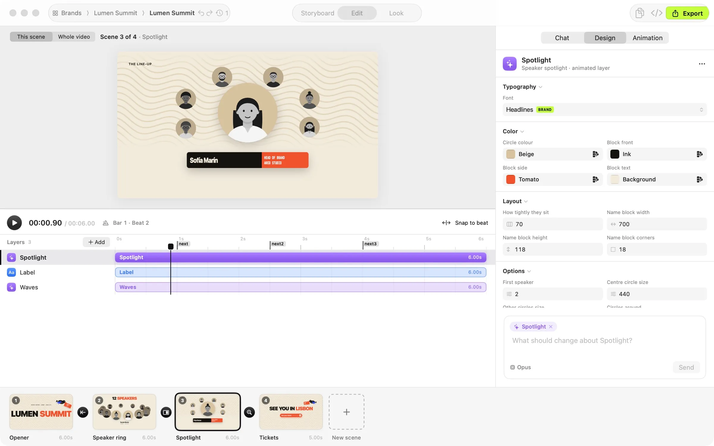 CueMotion editor: a scene on the canvas, its layers on the timeline, and a Figma-style inspector