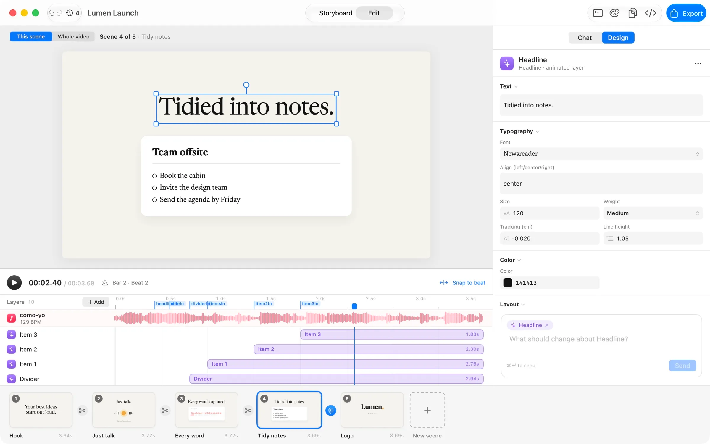 CueMotion editor: a scene on the canvas, a layer timeline cut to the music, and a Figma-style inspector